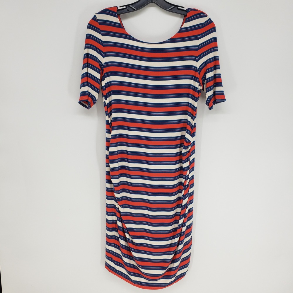 Rachel Zoe Striped Maternity Dress Small Red Blue Ruched Bodycon Short Sleeve